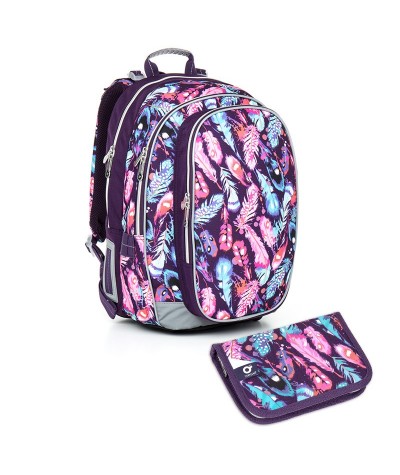 	Komplet szkolny CHI 796 H SET SMALL plecak + piórnik dla dziewczyny fioletowy w kolorowe piórka