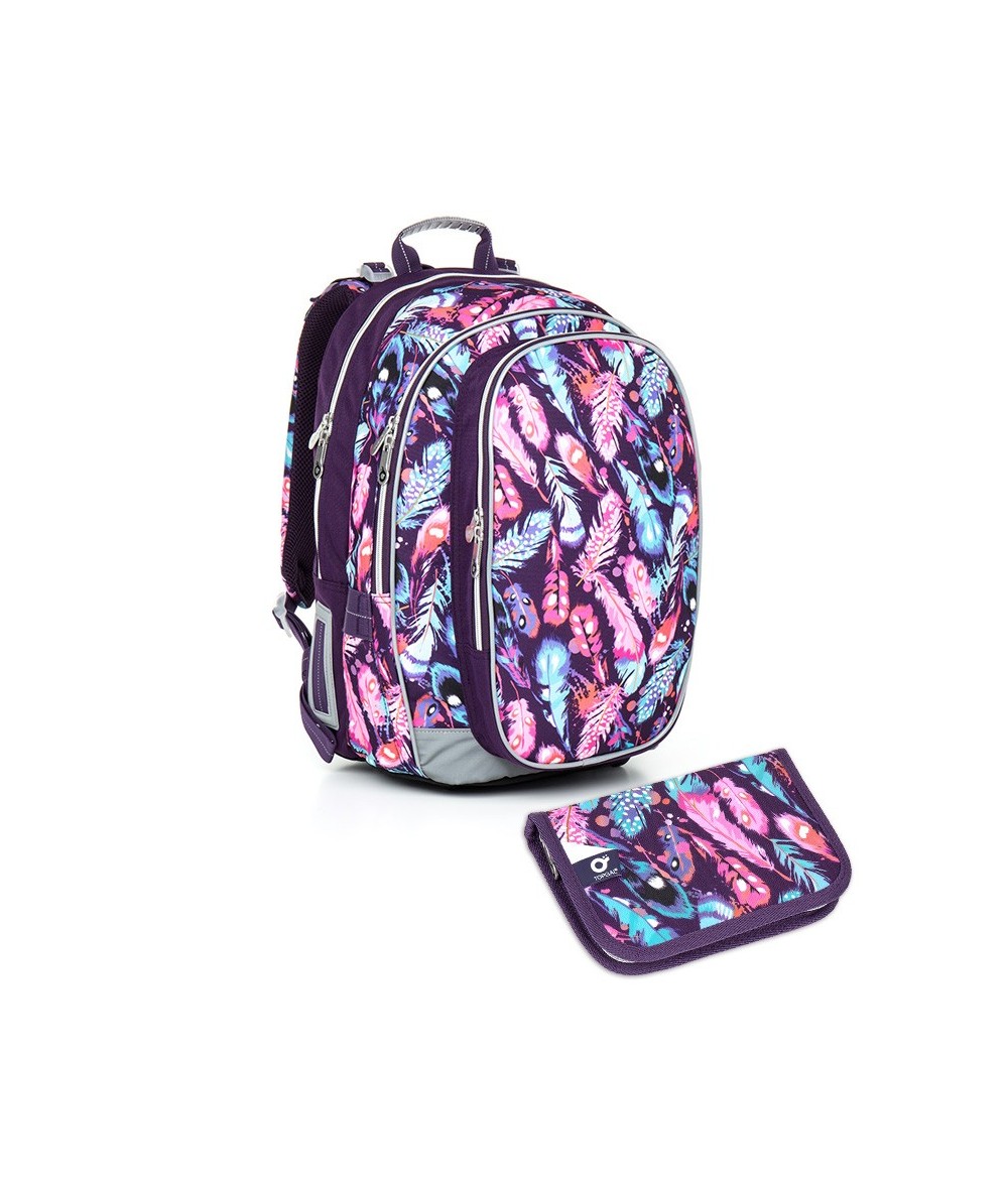 	Komplet szkolny CHI 796 H SET SMALL plecak + piórnik dla dziewczyny fioletowy w kolorowe piórka