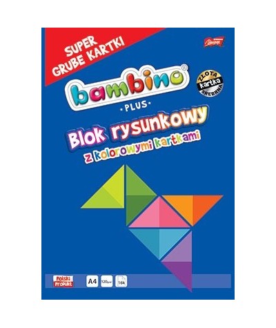 Blok rysunkowy kolorowy A4 100g BAMBINO PLUS 16 k. - super grube kartki + ZŁOTA I SREBRNA - MIX WZORÓW
