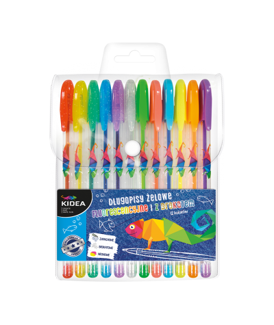 Długopisy żelowe fluorescencyjne i z brokatem KIDEA - 12 kolorów