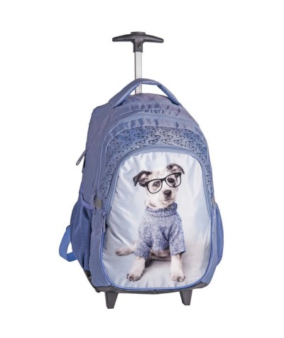 Plecak na kółkach Rachael Hale - niebieski z pieskiem w okularach i swetrze dla dzieci