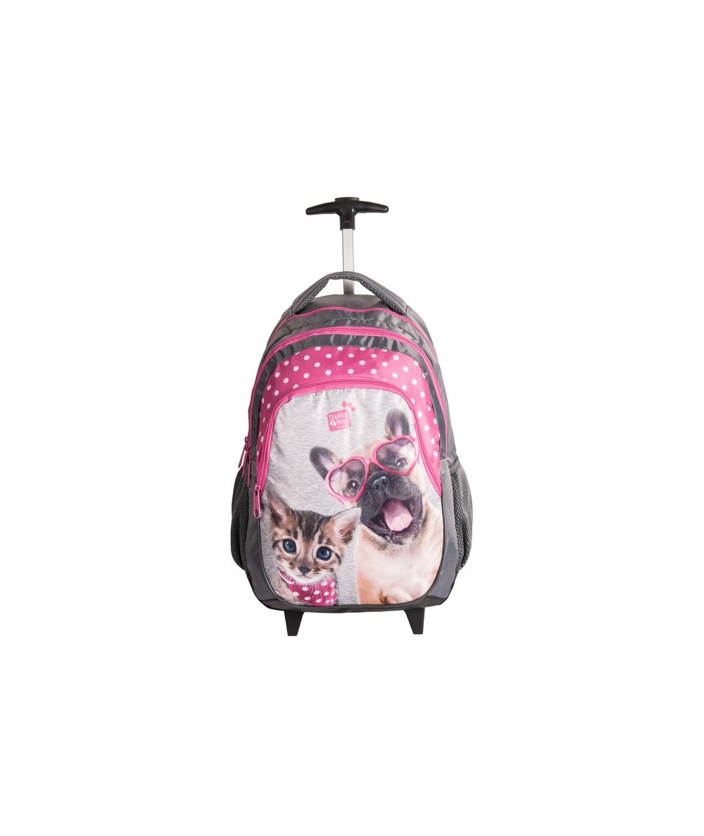 Plecak na kółkach Studio Pets dla dzieci - z psem i kotem - plecak szaro-różowy w kropki
