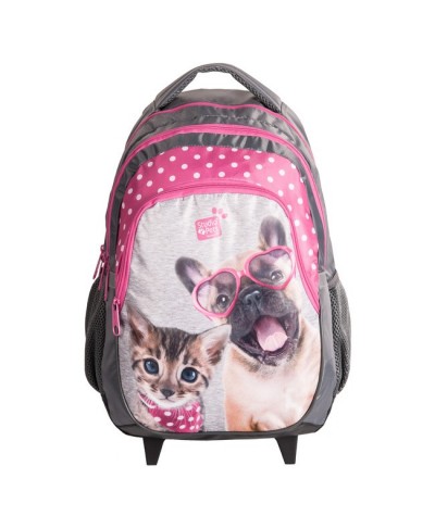 Plecak na kółkach Studio Pets dla dzieci - z psem i kotem - plecak szaro-różowy w kropki