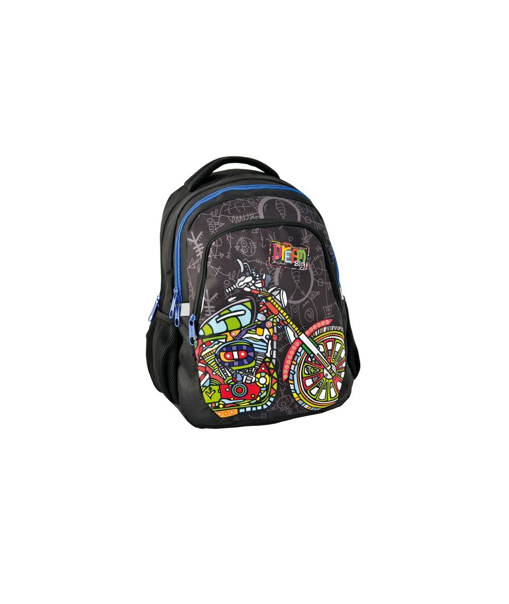 Plecak Dream Big czarny z motorem dla chłopca - kolorowe zamki