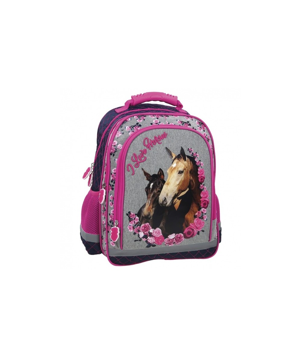 Plecak szkolny z końmi - szaro-różowy w kwiatki dla dziewczynki - do klas 1-3