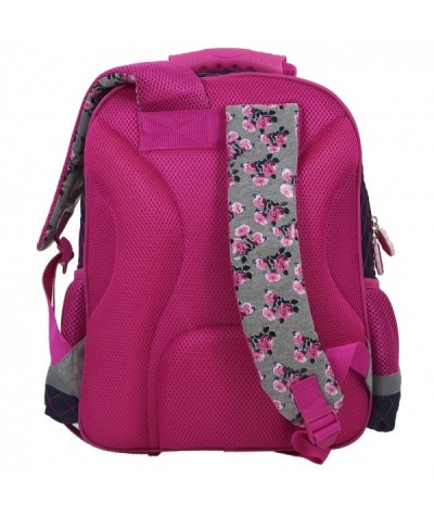 Plecak szkolny z końmi - szaro-różowy w kwiatki dla dziewczynki - do klas 1-3
