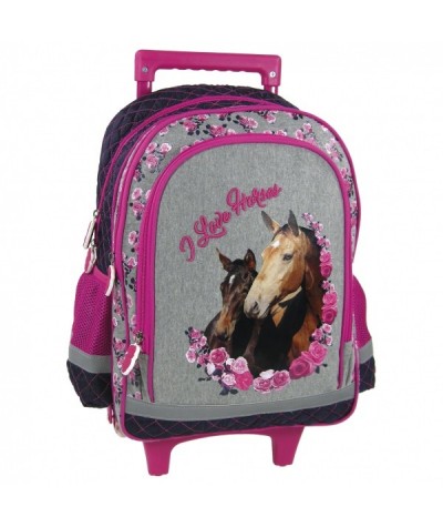 Plecak szkolny na kółkach z koniem - szary i granatowy w kwiatki - przyjemny materiał - do pierwszej klasy