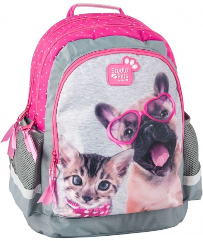 Plecak szkolny Studio Pets z psem i kotem dla dziewczynki  szaro różowy plecak w kropki