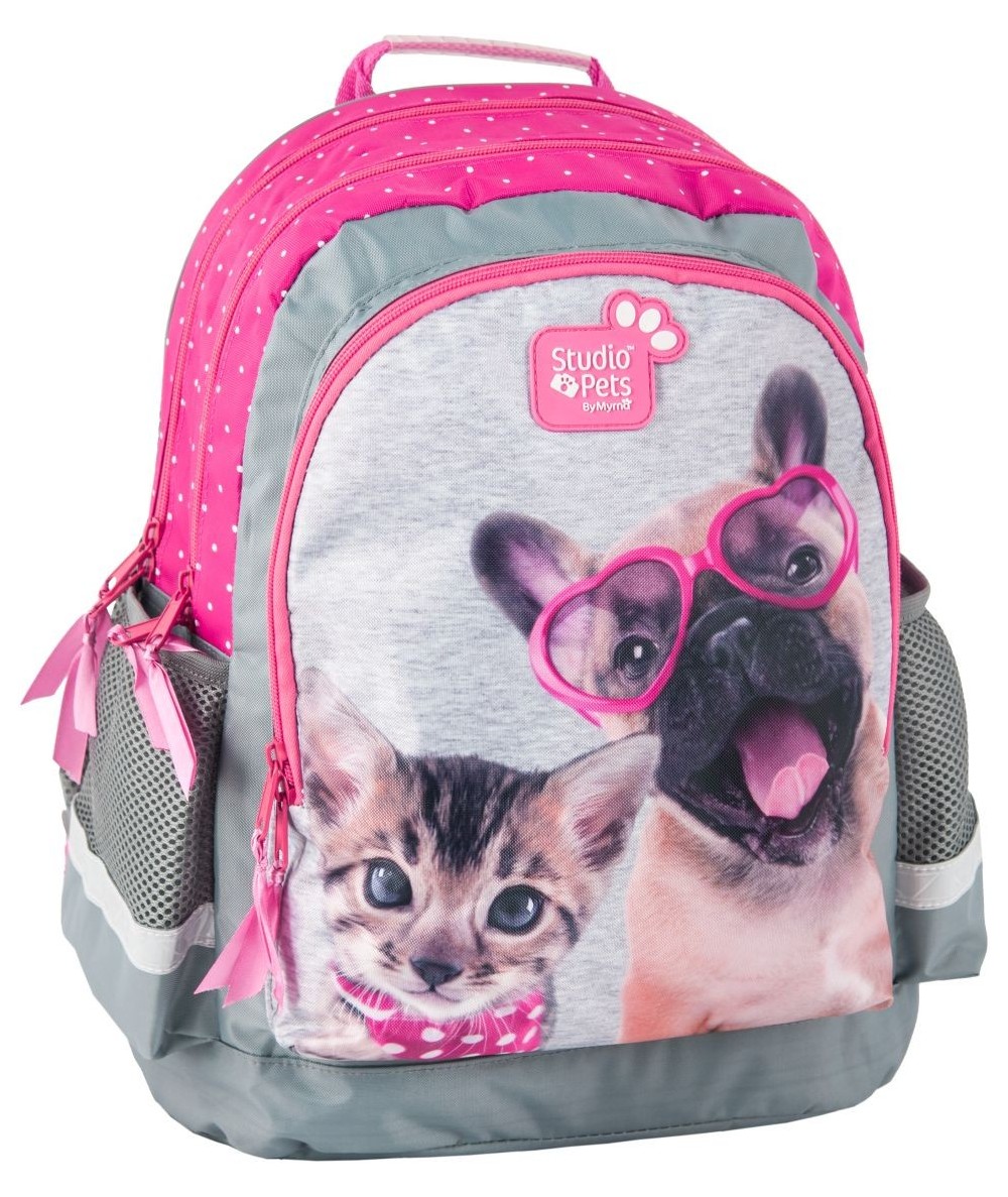 Plecak szkolny Studio Pets z psem i kotem dla dziewczynki  szaro różowy plecak w kropki