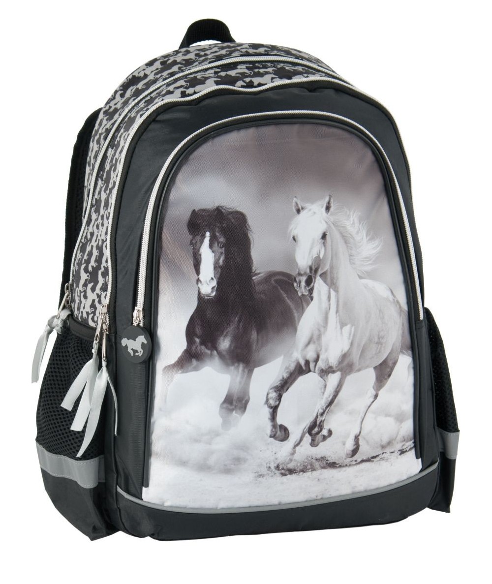 Plecak szkolny z koniem czarno-biały dla dziecka dla dziewczynki plecak Paso