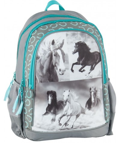 Plecak szkolny z końmi szary z miętowymi zamkami dla dziecka, plecak z końmi dla dziewczynki