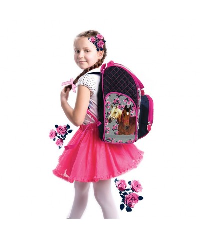 Tornister szkolny dla dziewczynki - szaro-granatowy z końmi w kwiaty - super tornister do 1 klasy