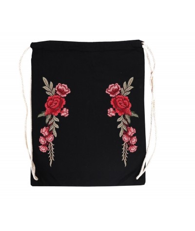 Plecak na sznurkach zdobiony haftem ROSES -  czarny z różą