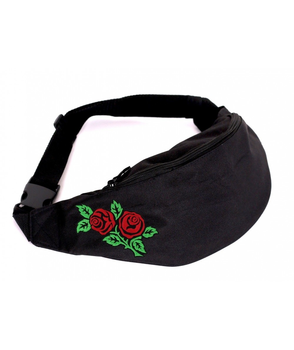 Torba na pas zdobiona haftem ROSES -  nerka czarna z różyczkami