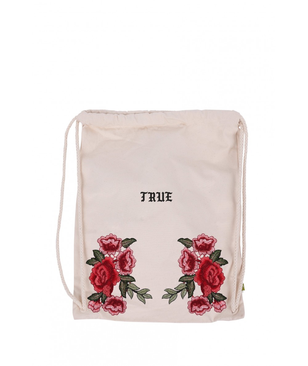 Worek beżowy lniany z haftowanymi różami, kremowy plecak na sznurkach z różami