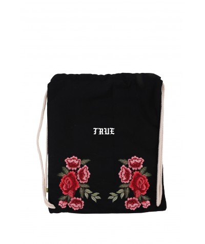 Worek czarny z haftowanymi różami, czarny plecak na sznurkach z różami