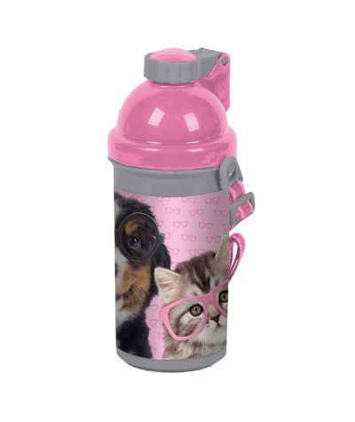 Bidon Studio Pets szaro-różowy z kotem i psem