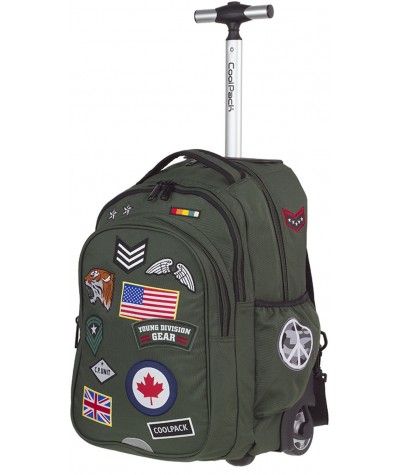 Plecak na kółkach CoolPack CP zielony z naszywkami JUNIOR BADGES GREEN, plecak na kółkach khaki, plecak naszywki militarne