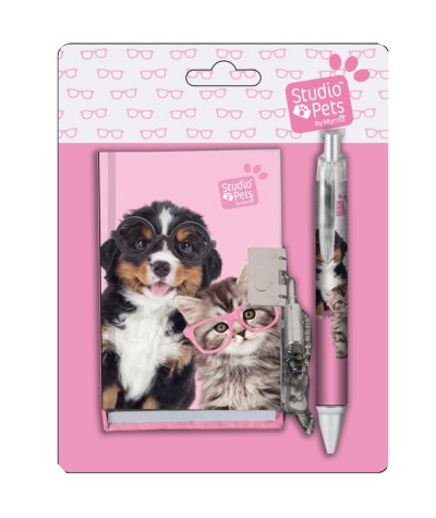 Zestaw pamiętnik z długopisem Studio Pets różowy z kotem i psem