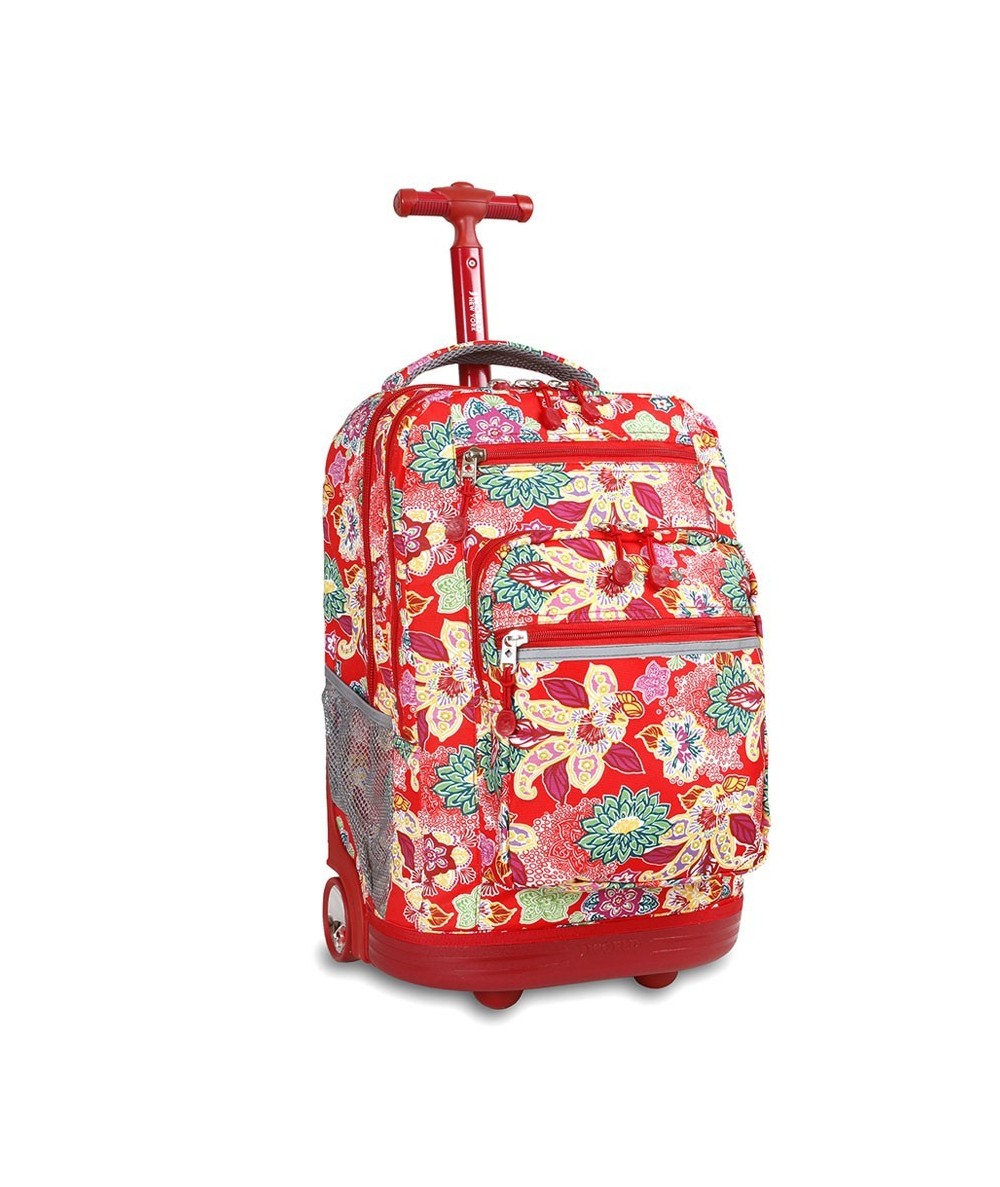 Plecak na kółkach JWorld Sundance Passion - czerwony hippie - czerwony plecak na kółkach w kwiaty, plecak na kółkach dla dziewcz