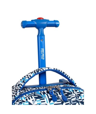 Plecak na kółkach JWorld Sunny Geo Blue - niebieski collage - niebieski plecak dla chłopców, modny plecak na kółkach