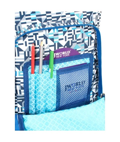 Plecak na kółkach JWorld Sunny Geo Blue - niebieski collage - niebieski plecak dla chłopców, modny plecak na kółkach