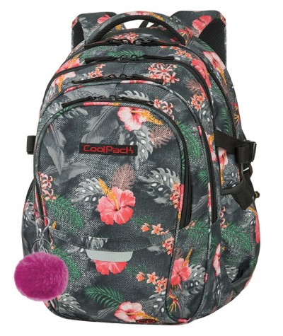 Plecak młodzieżowy CoolPack CP FACTOR CORAL HIBISCUS - 4 przegrody - szary plecak w kwiaty dla dziewczyny + GRATIS zawieszka