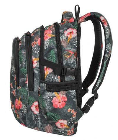 Plecak młodzieżowy CoolPack CP FACTOR CORAL HIBISCUS - 4 przegrody - szary plecak w kwiaty dla dziewczyny + GRATIS zawieszka
