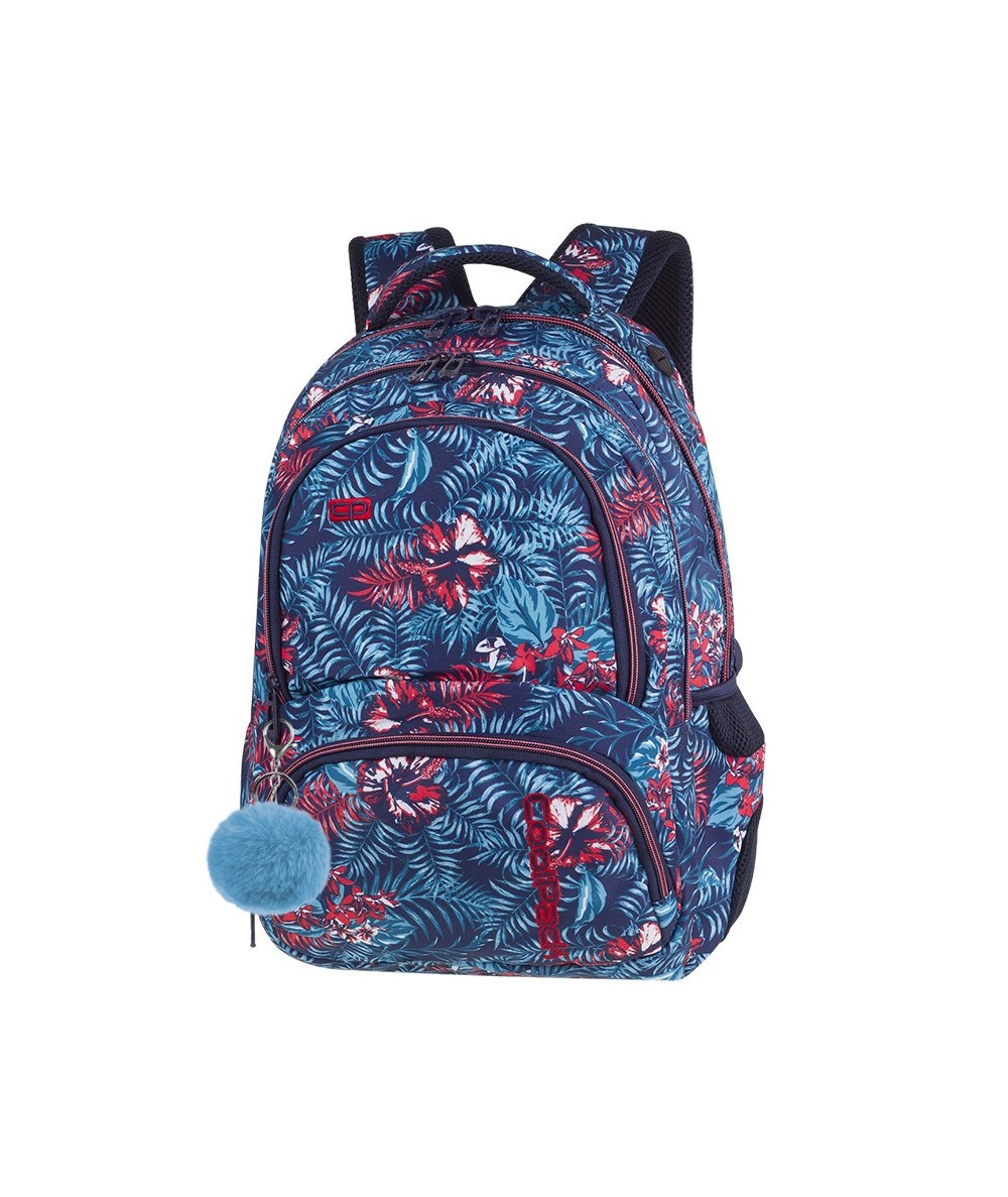 Plecak młodzieżowy CoolPack CP SPINER EMERALD JUNGLE niebieskie kwiaty A051 + POMPON, modny plecak dla dziewczyny, fajny plecak 