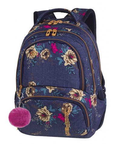 Plecak młodzieżowy CoolPack CP SPINER BLUE DENIM FLOWERS jeans w kwiaty + POMPON, plecak retro do szkoły, modny plecak szkolny