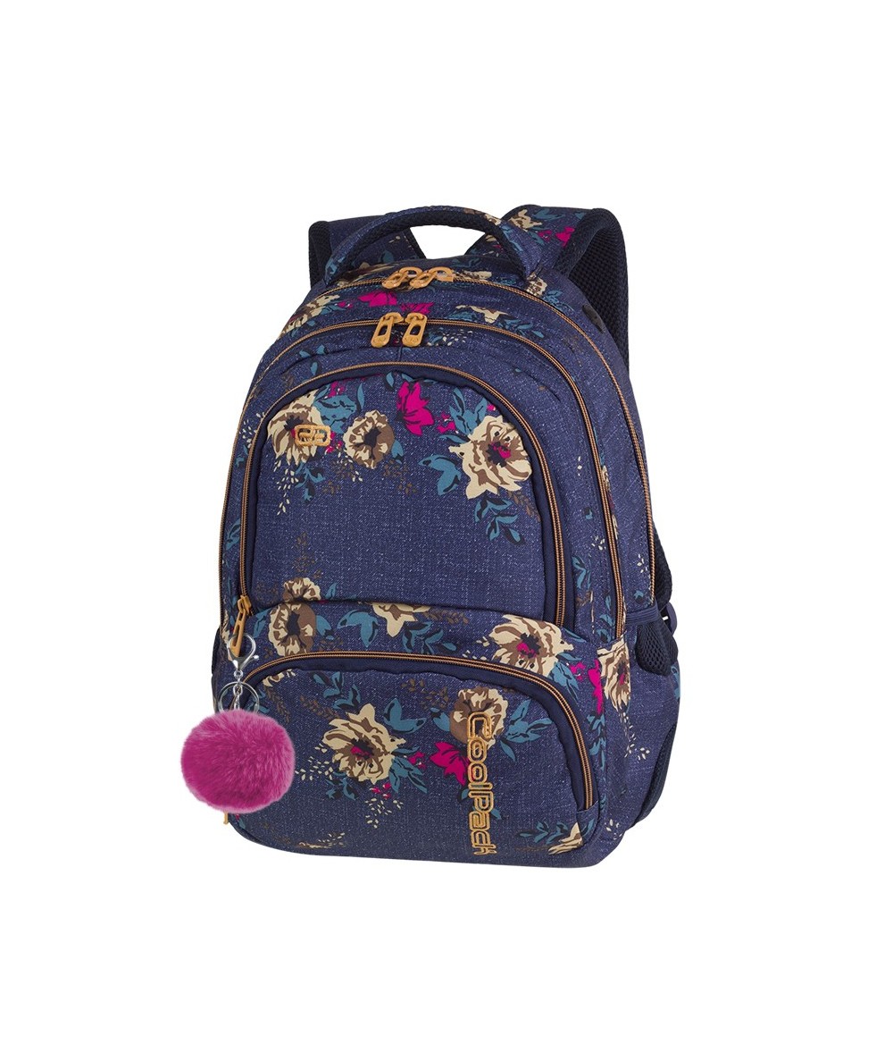 Plecak młodzieżowy CoolPack CP SPINER BLUE DENIM FLOWERS jeans w kwiaty + POMPON, plecak retro do szkoły, modny plecak szkolny