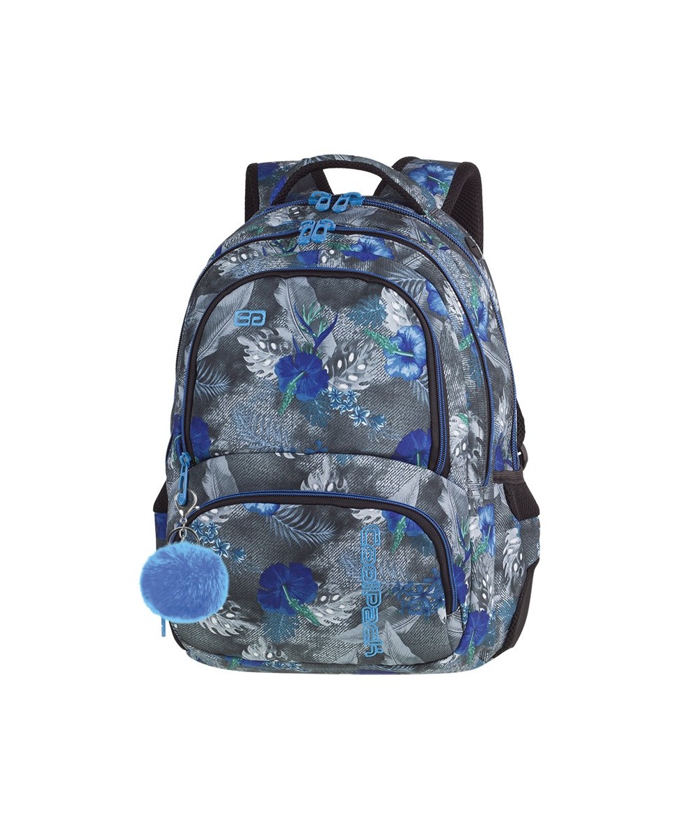 Plecak młodzieżowy CoolPack SPINER BLUE HIBISCUS szary w kwiaty + POMPON plecak szkolny dla dziewczyny, modny plecak do szkoły