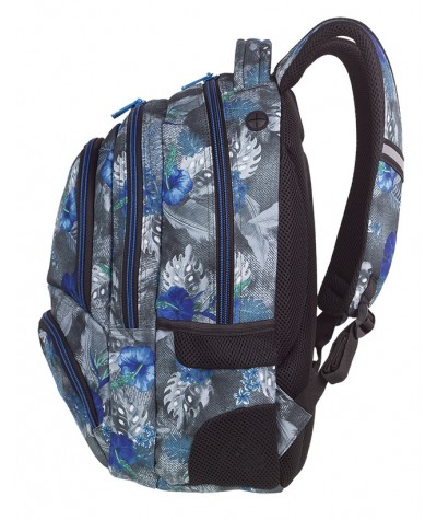 Plecak młodzieżowy CoolPack SPINER BLUE HIBISCUS szary w kwiaty + POMPON plecak szkolny dla dziewczyny, modny plecak do szkoły