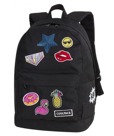 CoolPack CP CROSS BADGES GIRLS BLACK czarny z naszywkami - modny plecak z naszywkami, czarny plecak naszywki dla dziewcznyn