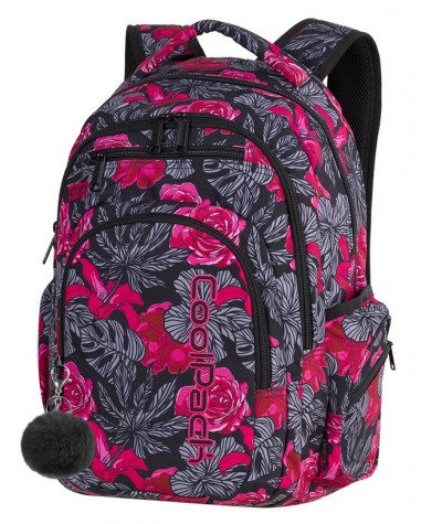 Plecak młodzieżowy CoolPack CP FLASH RED AND BLACK FLOWERS hiszpańskie kwiaty A240 + POMPON - plecak w kwiaty, modny plecak 