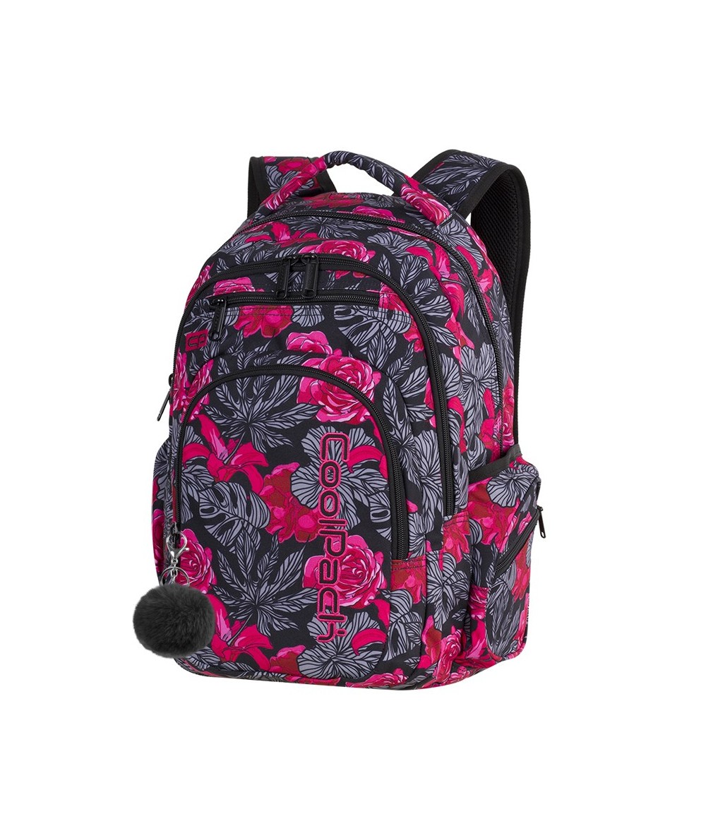 Plecak młodzieżowy CoolPack CP FLASH RED AND BLACK FLOWERS hiszpańskie kwiaty A240 + POMPON - plecak w kwiaty, modny plecak 