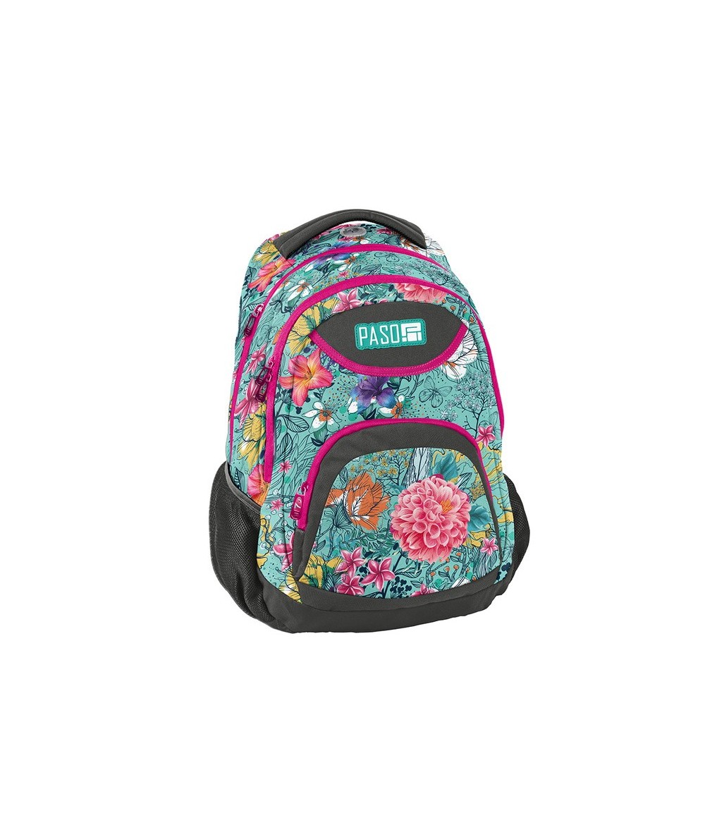 Plecak w kwiaty: miętowy i różowy dla dziewczynki miętowy do szkoły