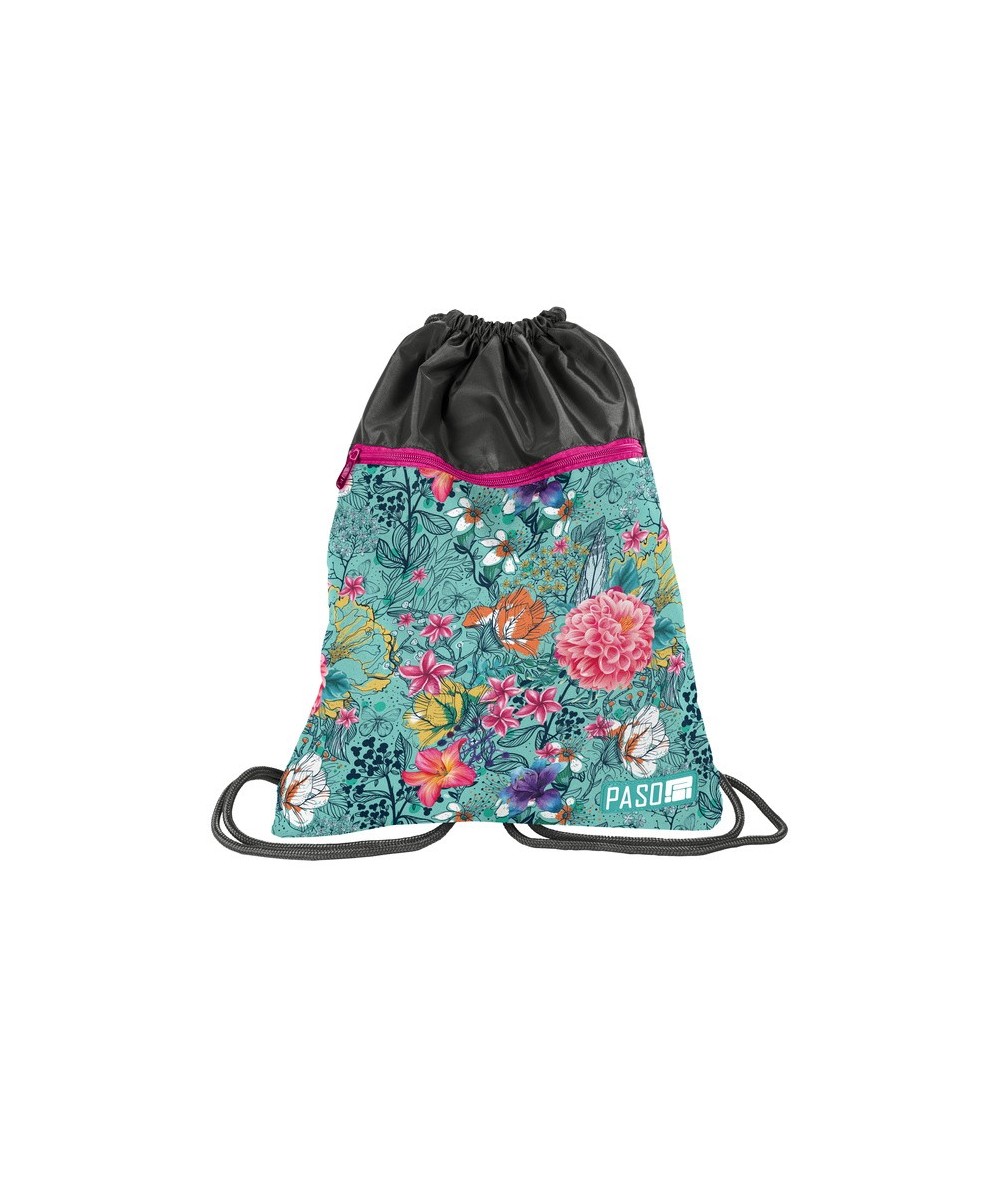 Worek szkolny na buty w kwiaty miętowy dla dziewczyny plecak na sznurkach Paso