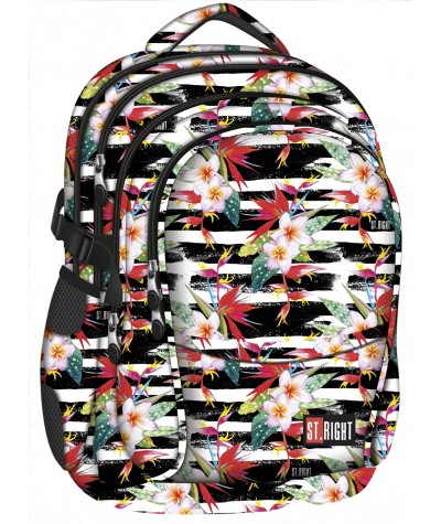 Plecak młodzieżowy 01 ST.RIGHT TROPICAL STRIPES hibiskus - najmodniejszy wzór plecaka szkolnego dla nastolatek hibiskus, tropiki