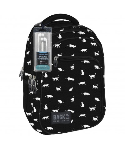 Plecak BackUP D 9 koty do szkoły + GRATIS słuchawki - modny plecak dla dziewczyny, czarny we wzory białych kotków, plecak kotki