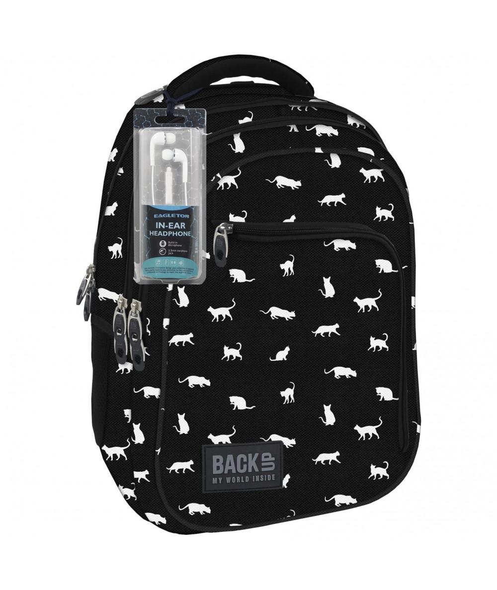 Plecak BackUP D 9 koty do szkoły + GRATIS słuchawki - modny plecak dla dziewczyny, czarny we wzory białych kotków, plecak kotki