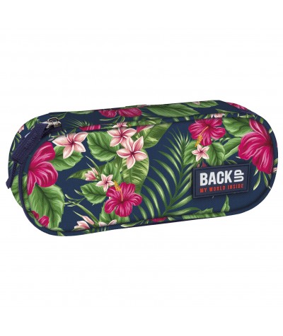 Piórnik szkolny / etui BackUP A 12 hibiskus - modny piórnik dla dziewczyny, piórnik w kwiaty, piórnik tropikalny