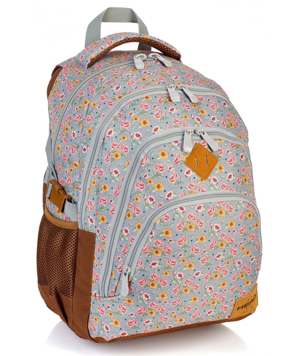 Plecak młodzieżowy HEAD kwiatki na szarym tle HD-117 A - najmodniejszy plecak dla dziewczyn, modny plecak dla dziewczyn