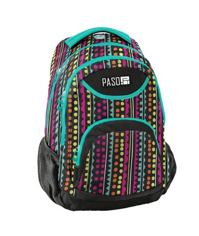 Kolorowy plecak do szkoły w kropki, paski i trójkąty dla dziewczyny Paso