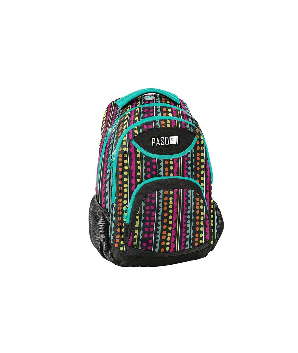 Kolorowy plecak do szkoły w kropki, paski i trójkąty dla dziewczyny Paso