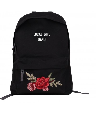 Czarny plecak miejski z czerwonymi różami i napisem LOCAL GIRL GANG - patch Roses