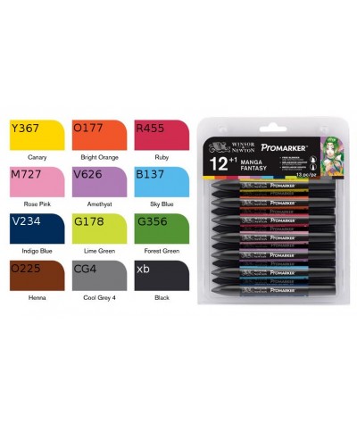 Promarker Canary, Bright Orange, Ruby, Rose Pink, Amethyst, Sky Blue, Indigo Blue, Lime Green, Forest Green, Henna, Cool Grey