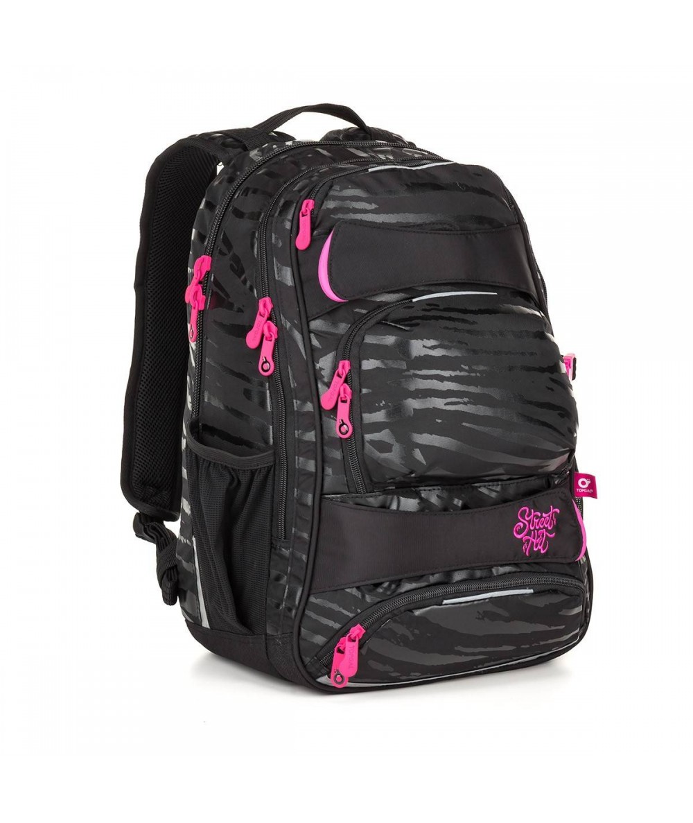 Solidny plecak Topgal czarno-różowy YUMI18038G - czarny plecak dla dziewczynki, plecak z różowymi dodatkami, dziewczęcy plecak