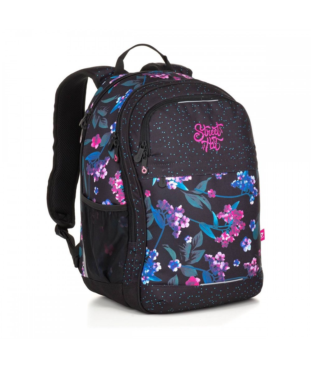 Czarny plecak dla dziewczyny, plecak w kwiaty, modny plecak, plecak Topal dziewczęcy, zaczarowany ogród RUBI 18026 G