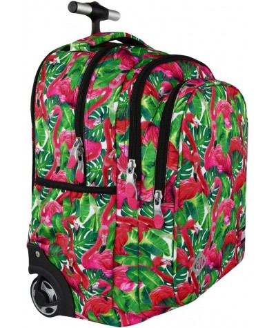 Plecak na kółkach ST.RIGHT FLAMINGO PINK&GREEN flamingi - różowe flamingi, modny plecak w tropikalne motywy dla dziewczyny